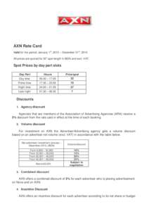 AXN Rate Card Valid for the period: January 1st, 2015 – December 31st, 2015 All prices are quoted for 30” spot length in BGN and excl. VAT. Spot Prices by day part slots Day Part