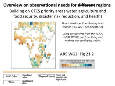 Overview on observational needs for different regions Building on GFCS priority areas water, agriculture and food security, disaster risk reduction, and health) Bruce Hewitson, Coordinating Lead Author, IPCC WG II AR5 Ch