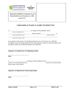 MENTAL HEALTH Care & Treatment Act Department of Health & Community Services Mental Health Care and Treatment Act, 2006 Section 75(3)