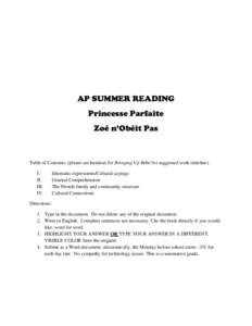 AP SUMMER READING Princesse Parfaite Zoé n’Obéit Pas Table of Contents: (please see handout for Bringing Up Bébé for suggested work timeline) I.
