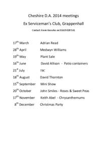 Cheshire D.A[removed]meetings Ex Serviceman’s Club, Grappenhall Contact: Kevin Knowles on[removed]17th March