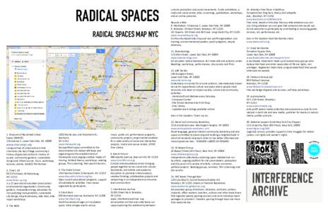 RADICAL SPACES RADICAL SPACES MAP NYC cultural production and social movements. Public exhibitions, a study and social center, talks, screenings, publications, workshops, and an online presence.