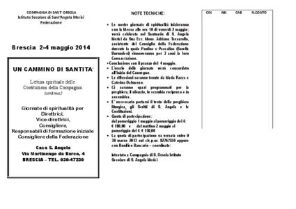 COMPAGNIA DI SANT’ ORSOLA  Istituto Secolare di Sant’Angela Merici Federazione  Brescia 2-4 maggio 2014