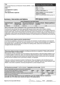 Title: The EU Bank Recovery and Resolution Directive (BRRD) - Impact Assessment IA No:  Impact Assessment (IA)