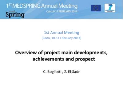 1st Annual Meeting (Cairo, 10-11 February[removed]Overview of project main developments, achievements and prospect C. Bogliotti , Z. El-Sadr