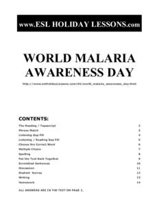 www.ESL HOLIDAY LESSONS.com  WORLD MALARIA AWARENESS DAY http://www.eslHolidayLessons.com/04/world_malaria_awareness_day.html