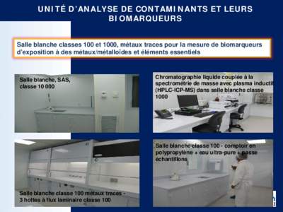 UNITÉ D’ANALYSE DE CONTAMINANTS ET LEURS BIOMARQUEURS Salle blanche classes 100 et 1000, métaux traces pour la mesure de biomarqueurs d’exposition à des métaux/métalloïdes et éléments essentiels  Salle blanch