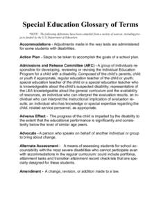 Special Education Glossary of Terms *NOTE: The following definitions have been compiled from a variety of sources, including projects funded by the U.S. Department of Education. Accommodations - Adjustments made in the w