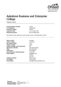Aylestone Business and Enterprise College Inspection report Unique Reference Number Local Authority