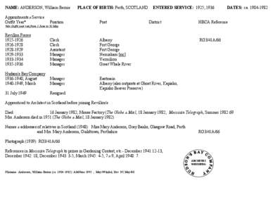 NAME: ANDERSON, William Bernie[removed]PLACE OF BIRTH: Perth, SCOTLAND     ENTERED SERVICE:  1925; 1936