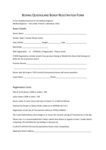 BOXING QUEENSLAND BOXER REGISTRATION FORM To be completed and sent to the Medical Registrar Medical Registrar – Terry Kidd, 4 Park St. Caboolture, 4510 Boxer Details Boxers Name: _______________________________________