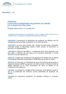 Document n° 34  Résolution concernant la problématique des grossesses non désirées et la situation des filles-mères Abidjan (Côte d’Ivoire) | 9-12 juillet 2013