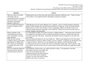 EPA/CDC Program Evaluation Webinar Series December 17, 2008 Developing a Logic Model and Focusing Your Evaluation Summary of Questions from participants during the webinar and responses from the program sponsors.  Questi