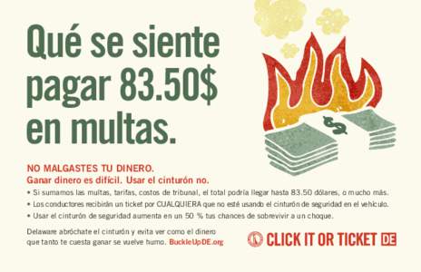 Qué se siente pagar 83.50$ en multas. NO MALGASTES TU DINERO. Ganar dinero es difícil. Usar el cinturón no. • Si sumamos las multas, tarifas, costos de tribunal, el total podría llegar hastadólares, o much