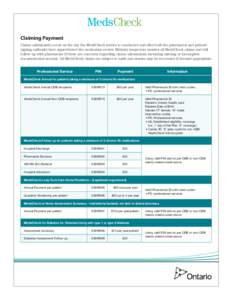 Claiming Payment. Claims submissions occur on the day the MedsCheck service is conducted and after both the pharmacist and patient/ signing authority have signed/dated the medication review. Ministry inspectors monitor a