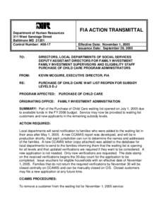 Department of Human Resources 311 West Saratoga Street Baltimore MD[removed]Control Number: #[removed]FIA ACTION TRANSMITTAL