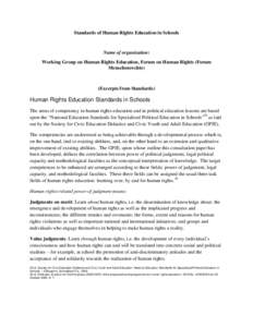 Standards of Human Rights Education in Schools  Name of organisation: Working Group on Human Rights Education, Forum on Human Rights (Forum Menschenrechte)