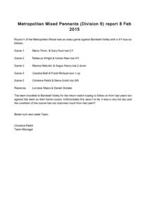 Metropolitan Mixed Pennants (Division 6) report 8 Feb 2015 Round 4 of the Metropolitan Mixed was an away game against Bardwell Valley with a 4/1 loss as follows: Game 1