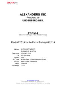 ALEXANDERS INC Reported by UNDERBERG NEIL FORM 4