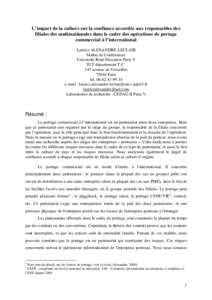 L’impact de la culture sur la confiance accordée aux responsables des filiales des multinationales dans le cadre des opérations de portage commercial à l’international Laurice ALEXANDRE-LECLAIR Maître de Confére