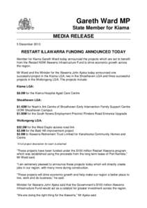 Gareth Ward MP State Member for Kiama MEDIA RELEASE 5 DecemberRESTART ILLAWARRA FUNDING ANNOUNCED TODAY