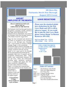 HR Boro Biz Fairbanks North Star Borough August 2014 Issue AUGUST EMPLOYEE OF THE MONTH PEGGY SMITH-MACDONALD