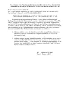 FINAL ORDER - THIS PRELIMINARY DETERMINATION BECAME THE FINAL ORDER OF THE COMMISSION ON MARCH 24, 2014 PURSUANT TO RULE 21F-10(f) OF THE EXCHANGE ACT Notice of Covered Action: [removed]SEC v. Video Without Boundaries, I