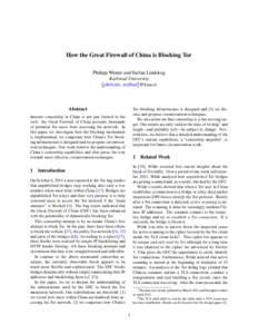 How the Great Firewall of China is Blocking Tor Philipp Winter and Stefan Lindskog Karlstad University {philwint, steflind}@kau.se  Abstract