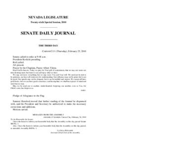 NEVADA LEGISLATURE Twenty-sixth Special Session, 2010 SENATE DAILY JOURNAL THE THIRD DAY CARSON CITY (Thursday), February 25, 2010