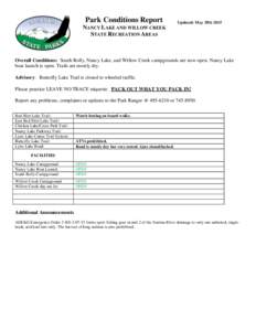 Park Conditions Report  Updated: May 29th 2015 NANCY LAKE AND WILLOW CREEK STATE RECREATION AREAS