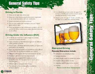 Driving in Florida F	 Drive on the right side of the road. F	 It is unlawful for persons under the age of 21 to have a .02 BAL and to drive or be in actual physical control of a motor vehicle.