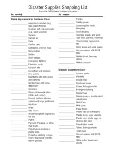 Disaster Supplies Shopping List From the Field Guide to Emergency Response No. needed  No. needed