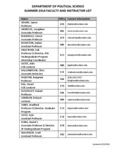 DEPARTMENT OF POLITICAL SCIENCE SUMMER 2014 FACULTY AND INSTRUCTOR LIST Name ADAMS, James Professor ANDREWS, Josephine