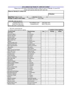 2010 JAMAICA BAY BIOBLITZ - BIRD DATA SHEET Please return this sheet to Home Base (Aviator Center) by 2pm on Saturday 12 June 2010 Check each species observed within each site Observer Name(s) & contact info ID Number: D