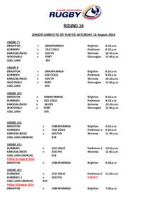 ROUND 16 JUNIOR GAMES TO BE PLAYED SATURDAY 16 August 2014 UNDER 7’s BRIGHTON BURNSIDE BAROSSA/NEDS