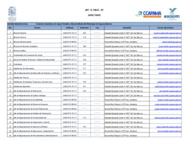 ART. 9, FRACC. VII DIRECTORIO Unidad Administrativa: No.  Comisión Ciudadana de Agua Potable y Alcantarillado del Municipio de Aguascalientes