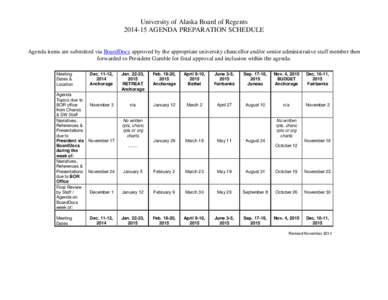 University of Alaska Board of Regents[removed]AGENDA PREPARATION SCHEDULE Agenda items are submitted via BoardDocs approved by the appropriate university chancellor and/or senior administrative staff member then forwarde