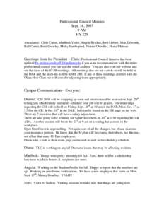 Professional Council Minutes Sept. 14, [removed]AM HY 225 Attendance: Chris Carter, Maribeth Yoder, Angela Belcher, Jerri Liebert, Matt Dilworth, Hali Cartee, Brett Crowley, Molly Vanderpool, Dianne Chandler, Diana Uhlman