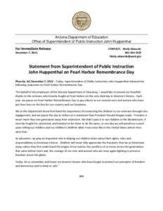 Arizona Department of Education Office of Superintendent of Public Instruction John Huppenthal For Immediate Release  CONTACT: Molly Edwards
