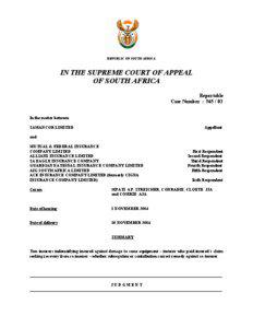 REPUBLIC OF SOUTH AFRICA  IN THE SUPREME COURT OF APPEAL