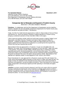 For Immediate Release JobsOhio Contact: Marlon Cheatham[removed]work, ([removed]mobile Ohio Department of Development Contact: Bethany McCorkle[removed]work, ([removed]mobile