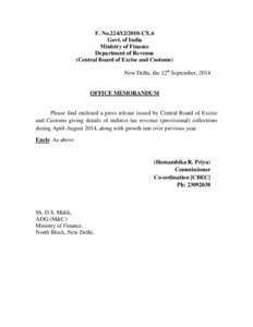 F. No[removed]CX.6 Govt. of India Ministry of Finance Department of Revenue (Central Board of Excise and Customs) New Delhi, the 12th September, 2014