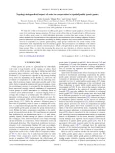 PHYSICAL REVIEW E 80, 056109 共2009兲  Topology-independent impact of noise on cooperation in spatial public goods games Attila Szolnoki,1 Matjaž Perc,2 and György Szabó1  1