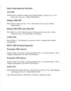Dual Credit Books for Fall 2014 Arts 1301 DeWitte, Debra J., Ralph M . Larmann, and M . Kathryn Shields. Gateways to Art. W.W. Norton: New York, 2011. ISBN# [removed]Biology[removed]