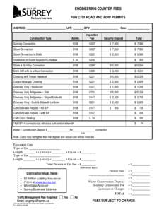 ENGINEERING COUNTER FEES FOR CITY ROAD AND ROW PERMITS ADDRESS: _____________________________ LOT: ________ BP #: ____________________ Date: ________________ Admin.  Inspection