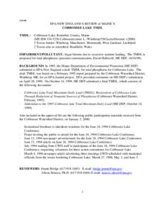 [removed]EPA-NEW ENGLAND’S REVIEW of MAINE’S COBBOSSEE LAKE TMDL TMDL : Cobbossee Lake, Kennebec County, Maine (ME ID# [removed]Cobbosseecontee L. /Winthrop/5543acres/blooms/ <2000)