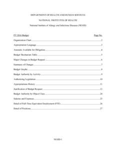 National Institute of Allergy and Infectious Diseases (NIAID) FY 2016 Budget Request and Justification to Congress