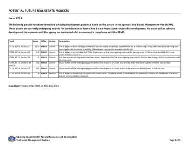 POTENTIAL FUTURE REAL ESTATE PROJECTS June 2012 The following parcels have been identified as having development potential based on the criteria in the agency’s Real Estate Management Plan (REMP). These parcels are cur