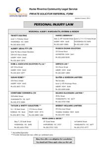 Hume Riverina Community Legal Service PRIVATE SOLICITOR REFERRAL FORM Updated January 2014 PERSONAL INJURY LAW WODONGA, ALBURY, WANGARATTA, RIVERINA & REGION