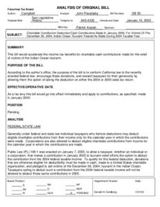 SB 50 - Charitable Contribution Deduction/Cash Contributions Made In January 2005, For Victims Of The December 26, 2004, Indian Ocean Tsunami Treated As Made During 2004 Taxable Year (Campbell/Maldonado)